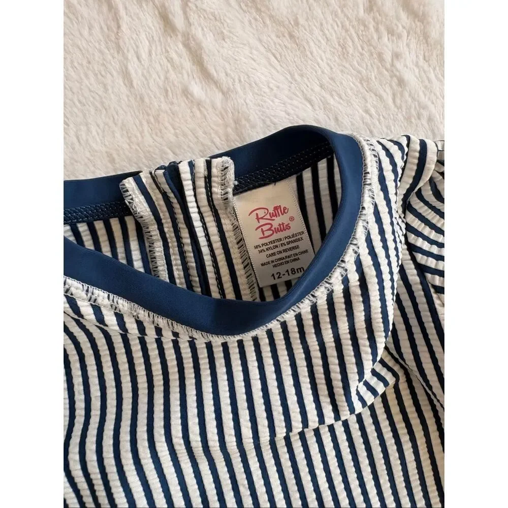 Ruffle butts baby girl  striped blue and white swim size 12-18 Months